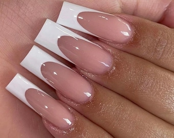 24OA01 |24/10 pcs White French Tip Long Reusable press on nails Glue included & Fast Delivery w Free Shipping! - Gel