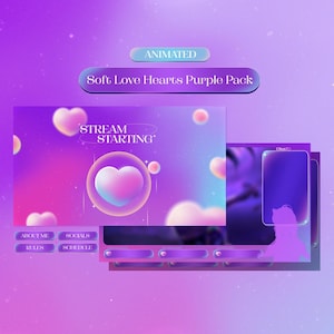 Animated Cozy Stream Overlay Package – Twitch & YouTube | VTuber - Cozy Purple Twitch Overlay - Cute Luminous Violet Hearts - OBS StreamLabs
