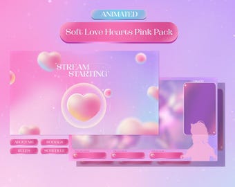 May include: Animated Twitch stream overlay with a pink and purple gradient background. The overlay features a large heart with a pink and yellow gradient, and the text "STREAM STARTING". There are also smaller hearts scattered throughout the overlay. The overlay also includes a chat box, a panel for about me, socials, rules, and schedule, and a panel for new followers, starting soon, and more.