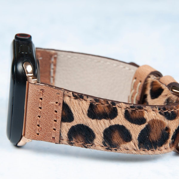 Leopard Apple Watch Band 38/40/41/42/44/45/49mm Ultra women series 9 8 7 6 5 4 3 2 1 SE, Furry Design Leather iwatch Band woman gift