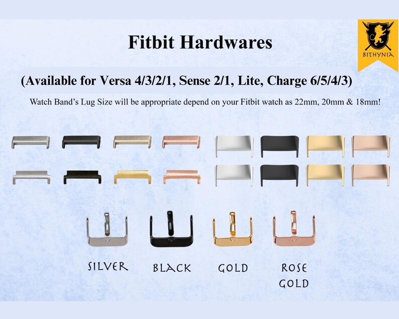May include: A variety of Fitbit hardware components in silver, black, gold, and rose gold. The image includes watch band lugs and buckles. Text on the image reads "Fitbit Hardwares" and "Available for Versa 4/3/2/1, Sense 2/1, Lite, Charge 6/5/4/3."
