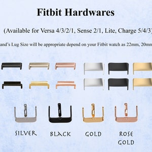 May include: Image of Fitbit hardware components in silver, black, gold, and rose gold finishes. The image includes watch band lugs and buckles, with text indicating compatibility with various Fitbit models and lug sizes of 22mm, 20mm, and 18mm.