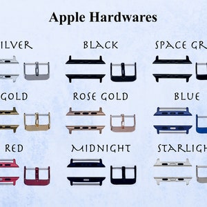 May include: Image of Apple Watch hardware in various colors, including silver, black, space grey, gold, rose gold, blue, red, midnight, and starlight. Each color option includes the watch band connectors and buckle.
