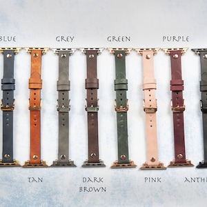 May include: A collection of leather watch bands in various colors, including blue, tan, grey, dark brown, green, pink, purple, and anthracite. Each band is shown with gold-colored hardware and labeled with its respective color name. The bands are designed for smartwatches.