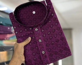 Hecho a mano Kurta Pajama Readymade bordado Hombres Kurta Desi boda ropa de hombre