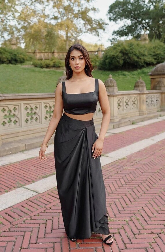 satin crop top and skirt
