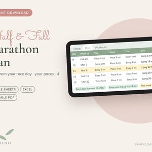 Hoja de cálculo para el plan de entrenamiento de maratón, con fechas automáticas y calculadora de ritmo (Google Sheets, Excel, PDF).