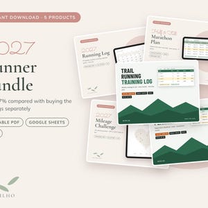 Pode incluir: Um conjunto de produtos digitais 2027 Runner Bundle com cinco modelos imprimíveis para acompanhar o progresso da corrida. A coleção inclui um plano de maratona, um registro de treino de trail running e um desafio de quilometragem, compatíveis com PDF, Excel e Google Sheets.
