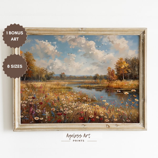 Wildflowers Field Landscape with Pond Oil Painting Autumn Flower Field Meadow Poster Print Printable Wildflower Field Boho Home Decor