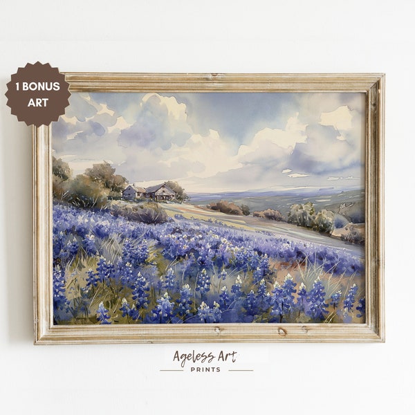 Printable Bluebonnet Field Watercolour Painting Texas Hill Country Wildflower Landscape Bluebonnet Art Poster Print Farmhouse Vintage Decor