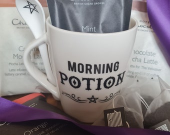 Caja de regalo con taza y cuchara Morning Potion con chocolate caliente, café o té de lujo (opción de solo taza disponible)