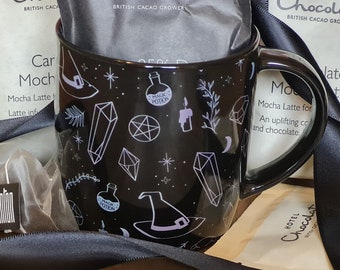 Caja de regalo con taza de bruja de cristal con chocolate caliente, café o té de lujo. Opción de solo taza disponible