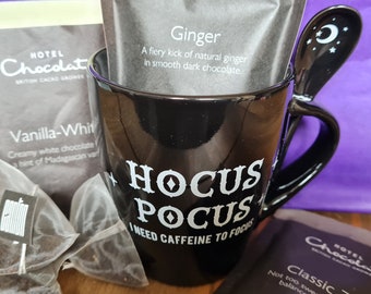 Caja de regalo con taza y cuchara Hocus Pocus con té, café o chocolate caliente de lujo (opción de solo taza disponible)