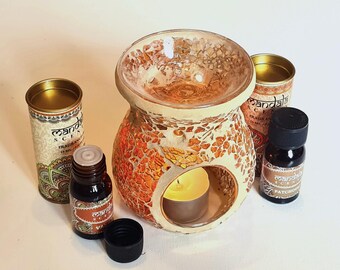 Juego de regalo de quemador de aceite de vidrio craquelado marrón con aceites aromáticos