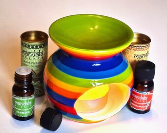 Juego de regalo de quemador de aceite con rayas de arcoíris y aceites aromáticos