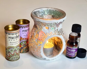 Juego de regalo de quemador de aceite de vidrio craquelado azul con aceites aromáticos