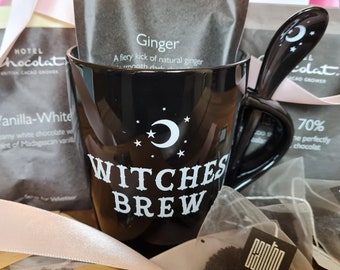 Caja de regalo con taza y cuchara Witches Brew con té, café o chocolate caliente de lujo (opción de solo taza disponible)