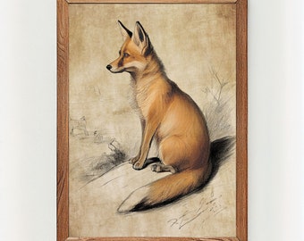 Fox Pencil Drawing, Printable Fox Drawing, Red Fox, Fox Wall Art, Red Fox Decor, Printable Art - vintage printable downloadable art