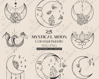 May include: A set of 25 black and white mystical moon illustrations. The illustrations feature moons with different designs, including a snake, a lotus flower, and crystals. The text "25 Mystical Moon Celestial Bundle SVG+PNG Hand Drawn | HQ | Line Art" is included in the image.