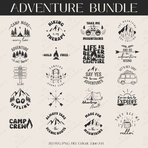 Aventura SVG Paquete Camping SVG Viaje de Montaña Png Fogata Svg Happy Camper Svg Aventura Espera Svg Senderismo al aire libre PNG Descarga instantánea