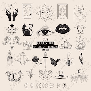 Witchy SVG | Celestial Mystical SVG Bundle | Moon Phase SVG | Third Eye Svg, Crystal Svg, Witchcraft Hands Clipart Svg Files For Cricut Png