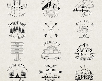 Puede incluir: Un conjunto de 10 ilustraciones en blanco y negro con temas de camping y aventura. Las ilustraciones incluyen una brújula, una tienda de campaña, una furgoneta, montañas, una fogata y un cartel que dice "Trabajar, Ahorrar, Viajar, Repetir".