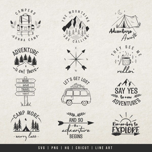 Adventure SVG Bundle, Camping SVG, Mountain Svg, Camper SVG, Adventure Awaits Svg, Outdoor Hiking Travel, Campfire Svg Png Instant Download