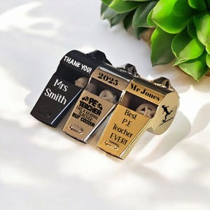 Personalised Engraved Sports Whistle – Stainless Steel Gift for Teacher or Coach – Custom Names and Graphics – PE End of Term Thank You