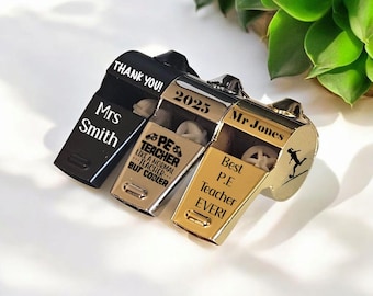 Personalised Engraved Sports Whistle – Stainless Steel Gift for Teacher or Coach – Custom Names and Graphics – PE End of Term Thank You