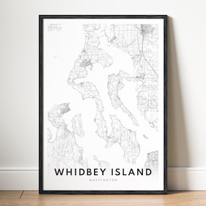 Afdrukbare kaart Whidbey Island WA, Whidbey Island Washington kaartposter, digitale download Whidbey Island zwart-wit kaart, esthetische kaart
