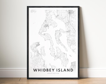 Druckbare Karte Whidbey Island WA, Whidbey Island Washington Karte Poster, digitaler Download Whidbey Island schwarz weiß Karte, ästhetische Karte