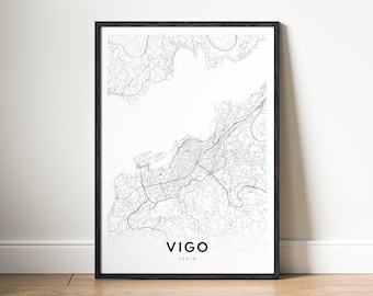 Impression de carte de Vigo, affiche de carte de Vigo en Espagne à télécharger, carte imprimable de Vigo, carte numérique de Vigo en noir et blanc, art mural, croquis de Vigo, affiche d'art de carte de Vigo