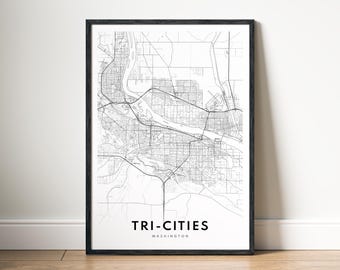 Tri-Cities WA Map Print Digital Download, Black and White Printable Poster, Minimalist City Map Wall Art