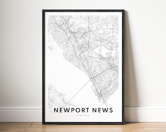 Newport News Virginia Map Print Digital Download, Black and White Printable Map Poster, Minimalist City Map Wall Art