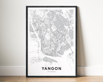 Yangon Myanmar Map Print Digital Download, Black and White Printable Map Poster, Minimalist City Map Wall Art