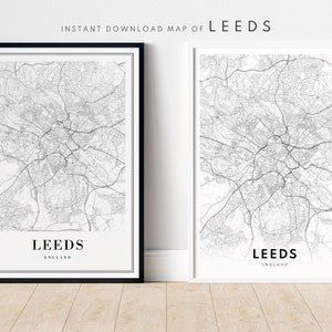 Impresión del mapa de Leeds con descarga instantánea. Póster de Leeds, Inglaterra. Mapa de la ciudad de Leeds imprimible en blanco y negro. Arte mural. Impresión de póster con boceto de Leeds, Reino Unido.