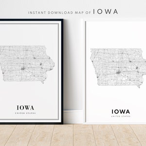 Mapa del estado de Iowa Imprimir Descargar Póster del mapa de Iowa Arte del mapa imprimible de Iowa Póster digital en blanco y negro de Iowa Mapa de Iowa Inicio Imprimir Mapa esquemático de Iowa