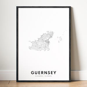 Mapa de Guernsey, Reino Unido, impresión, póster, mapa de las Islas del Canal, descarga, mapa imprimible de Guernsey, mapa digital de Guernsey, dibujo de Guernsey en blanco y negro