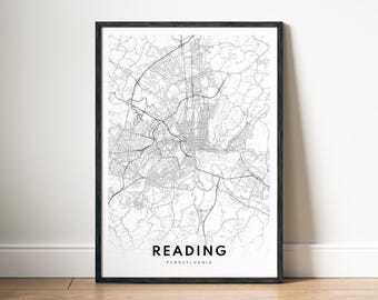 Reading Pennsylvania Map Print Digital Download, Black and White City Map Poster, Minimalist Wall Art