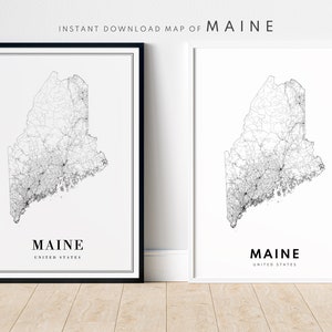 Mapa del estado de Maine con descarga instantánea, impresión, póster, mapa de Maine, mapa imprimible digital, mapa en blanco y negro, arte, boceto de Maine, impresión casera