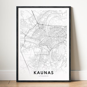 Kaunas Karte Sofort-Download Kaunas Litauen Poster Digitale Karte Kaunas druckbare schwarz weiß Karte Wand Kunst Kaunas Skizze Dekor Karte