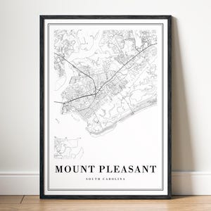 Mount Pleasant SC Karte Kunstdruck Mount Pleasant Schwarzweiß-Karte Poster Download Mount Pleasant Druckbare Karte Mount Pleasant South Carolina