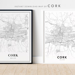 Peut inclure: Une carte imprimable en noir et blanc de Cork, en Irlande. La carte montre les rues et les monuments de la ville. Le texte "Cork, Irlande" est imprimé sous la carte.