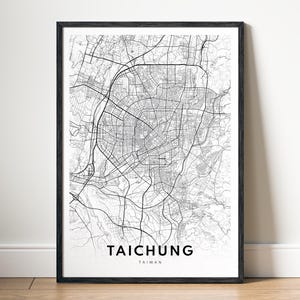 May include: A black and white map print of Taichung, Taiwan, in a black frame.
