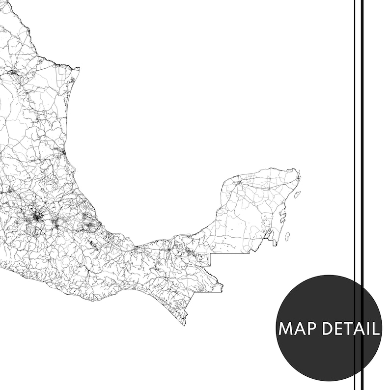 May include: A detailed black and white map of a coastal region, featuring intricate road networks and geographical details. The text "MAP DETAIL" is displayed in a black circle, indicating a close-up view of the area.