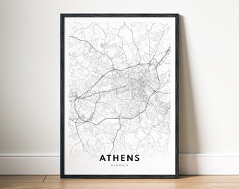 Mapa de Atenas, Georgia (descarga digital), póster de mapa de la ciudad en blanco y negro, arte mural minimalista.