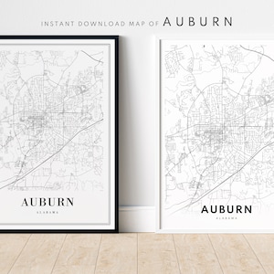 Carte imprimable Auburn Alabama, Auburn carte affiche, téléchargement numérique Auburn carte noir et blanc, Auburn croquis carte, carte routière affiche Auburn