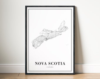 May include: Black and white line art map of Nova Scotia, Canada, in a black frame. The map shows the province's coastline, rivers, and roads.