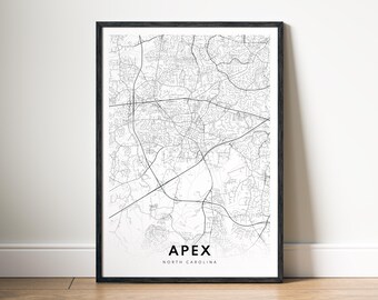 Apex North Carolina Map Print Digital Download, Black and White City Map Poster, Printable City Map Wall Art