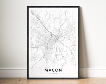 Mapa de Macon, Georgia, en blanco y negro, póster decorativo para pared (descarga digital).